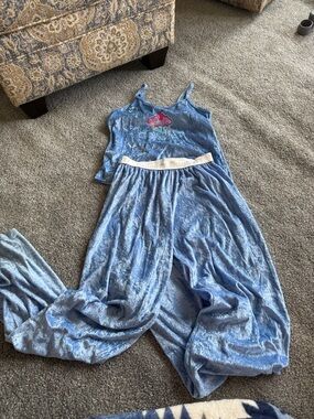 Blue Velvet Pajama Set with Floral Accent - Women